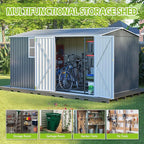 8x12 FT Storage Shed Outdoor, XL Heavy-Duty Steel Building with Window – Features Hinged Gray Doors & 4 Air Vents for Backyard, Garden, Patio, with Floor Frame (Gray)