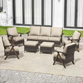 7 Pieces Patio Furniture Set,Outdoor Sofa & High Back Wicker Patio Chairs, Patio Conversation Set with Ottoman for Deck Yard and Poolside