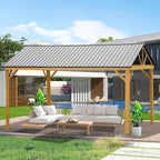 Domi 12' x 14' Hardtop Gazebo with Galvanized Steel Gable Roof, Pergola with Wood-Looking Aluminum Frame, Permanent Pavilion Outdoor Gazebo with Ceiling Hook for Deck Patio Lawn Yard Backyard Grill