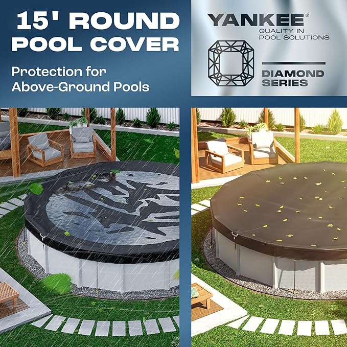 Yankee Diamond Series Pool Covers for Above Ground Pools | All-Weather, Windproof, Light 15ft Round Pool Cover w/ 5 Screw-In Pegs, 5 Ropes | 3 Mounting Methods, Strong Fastenings for Triple Protection