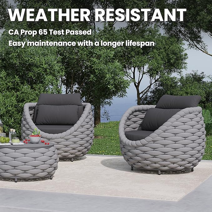 Deck Furniture Accent Chair: Patio Single Armchair Aluminum - Outdoor Woven Rope Armchair Cushioned - Modern Lounge Chair Assembled - All Weather 400lbs for Porch Lanai Balcony Yard Garden Hotel