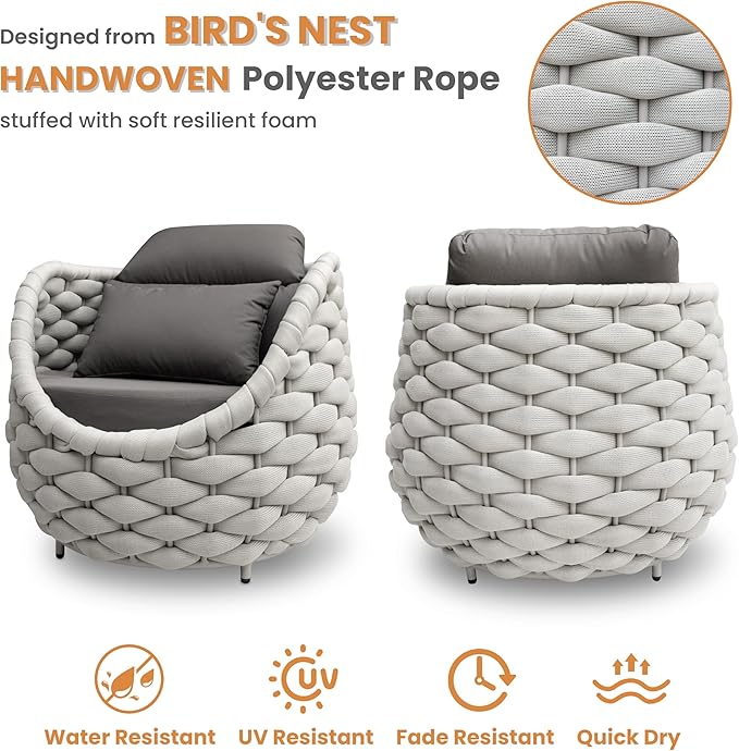 Porch Furniture Chair: Patio Accent Chair Aluminum - Woven Rope Cushioned Armchair Assembled - Modern Lounge Single Chair - All Weather 400lbs for Deck Balcony Yard Garden Hotel Poolside, Gray