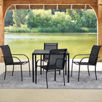 5 Pieces Round Dining Table Set for 4, Patio Dining Set Includes 4 Black Stackable Patio Chairs and Black Square Table, Patio Furniture Sets with Sling Support for Outside, Garden