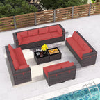 Outdoor Patio Furniture Set, 14 Pieces Outdoor Furniture All Weather Patio Sectional Sofa PE Wicker Modular Conversation Sets with Coffee Table,12 Chairs & Seat Clips(Red)