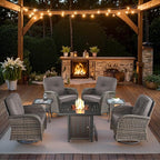 7 Piece Patio Furniture Set with Fire Pit Table - Wicker Patio Conversation Set with 4 Swivel Glider Chairs and 2 Tempered Glass Side Tables for Deck Backyard - Brown Wicker Grey Cushion