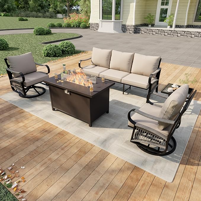 5 Pieces Outdoor Patio Conversation Sets with All Weather Cushions, Metal 3-Seater, 2 Swivel Rockers, 1 Side Tables, 1 Fire Pit Table for Backyard Deck Porch Poolside, Beige