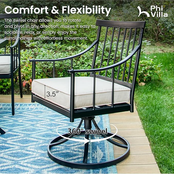 PHI VILLA 7 Pieces Outdoor Dining Set for 6, 65” Wood-Like Metal Rectangle Dining Table & Swivel Chairs with Cushions, Large Dining Furniture Set for Patio, Deck, Porch, Yard