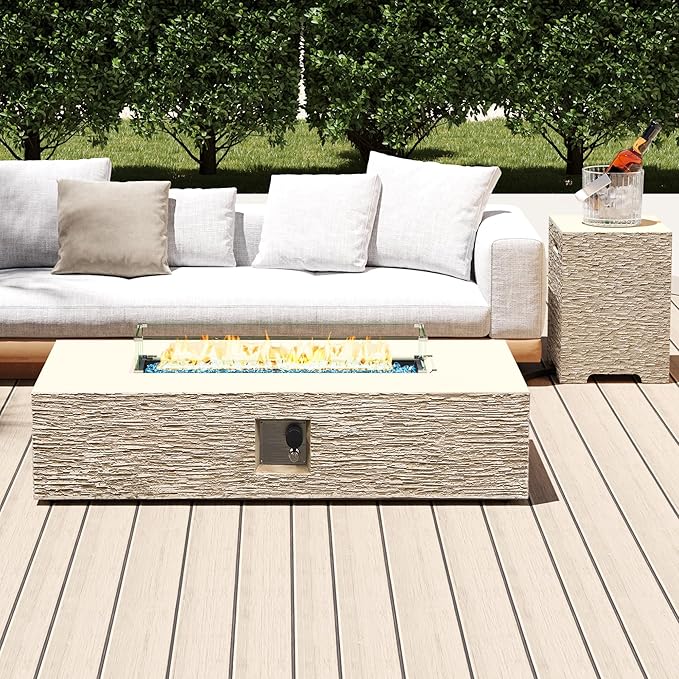 UPHA 56-inch Outdoor Propane Gas Fire Pit Table 50000 BTU Concrete Rectangle FirePit for Outside Patio with Propane Tank Cover, Wind Guad, Blue Glass Rocks, Rain Cover, Beige Texture