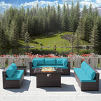 Outdoor Patio Furniture Sets with Propane Fire Pit Table, 10 Pieces Outdoor Furniture Patio Sectional Sofa Conversation Sets w/ETL Approved 43" Gas Outdoor Fire Table & Coffee Table (Turquoise)