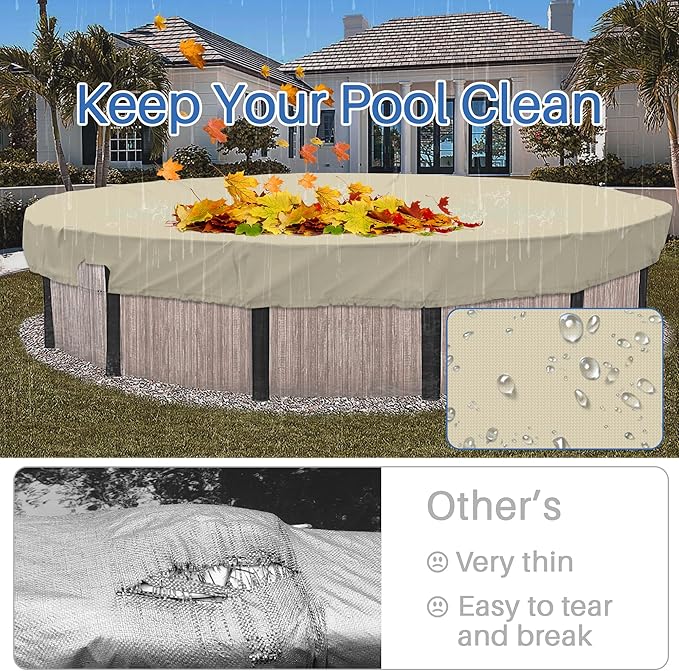 ECOOPTS 10 ft Waterproof Round Polyester Pool Cover for Above Ground Pools, Swimming Pool Cover Protector Winter Safety Cover (Beige)