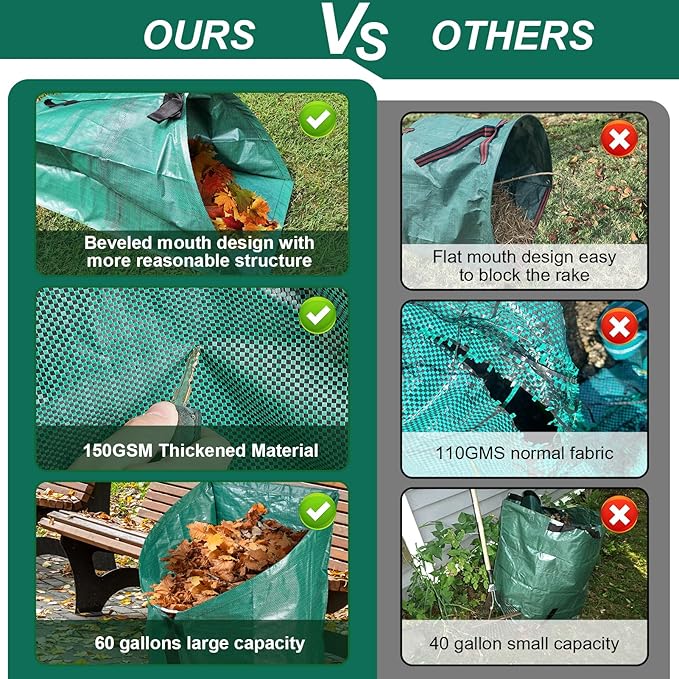 2 Pack 60 Gallon Leaf Collector,Collapsible Lawn & Leaf Bag,Heavy Leaves Pick up Tool Reusable Yard Waste Bags,Large Yard Dustpan Type Garden Bag for Leaves,Debris,Grass,Clippings,Lawn Trash