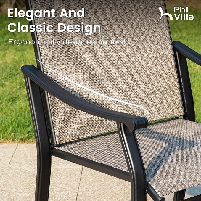 PHI VILLA 9 pcs Patio Dining Set,Heavy Duty Extra Large Square Metal Table with 1.9" Umbrella Hole, Wooden Like Table Top, 8 Textilene Dining Chairs, Breathable and Waterproof for Garden,Lawn