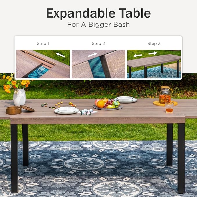 PHI VILLA 9 Piece Patio Dining Set for 8, Expandable Wood-Like Metal Dining Table & Wicker Chairs with Cushions, Large Dining Furniture for Outdoor Deck, Backyard, Porch