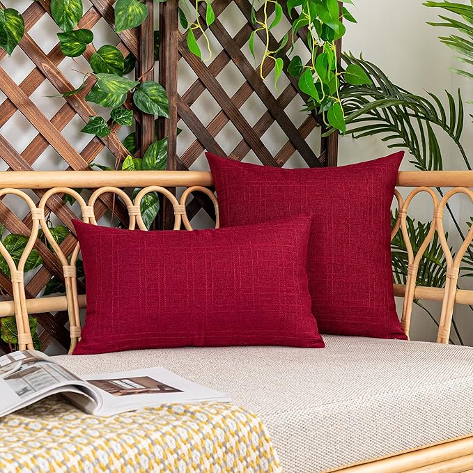 Kevin Textile Pack of 2 Decorative Outdoor Throw Pillow Covers Waterproof Classic Checker Linen Pillowcases Cushion Cases for Sofa Couch Patio Garden 24x24 Inch Red