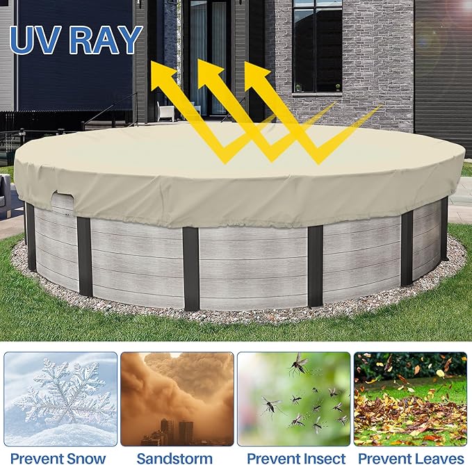 ECOOPTS Waterproof Round Polyester Pool Cover for Above Ground Pools, Swimming Pool Cover Protector Winter Safety Cover (10 ft, Beige)