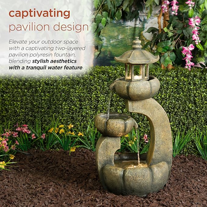 Alpine Corporation WIN1688 32" 2-Layer Pagoda Polystone Fountain with LED Lights, Cascading Waterfall, Outdoor Garden and Patio Water Feature, Zen Décor, Relaxing Sound, Brown