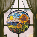 Stained Glass Suncatcher, Sunflower Flowers Landscape Sun Catcher Plant Mountains Stain Glass Window Hanging Decoration Mother's Day Birthday Gifts for Women Men Mom Nana 7.8 in