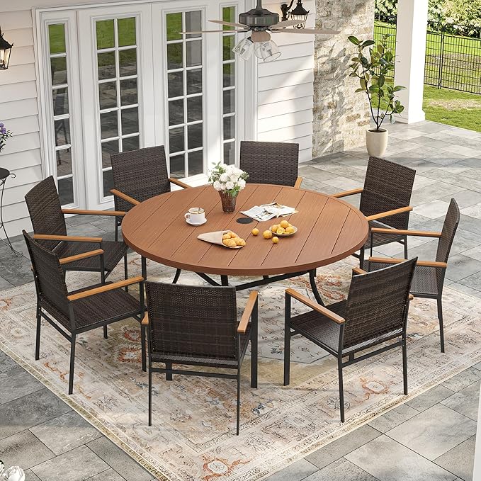 VICLLAX Outdoor Patio Round Dining Table, 53"x 53" Metal Slatted Round Tabletop with Adjustable Umbrella Hole for Deck Lawn Garden Backyard, Walnut