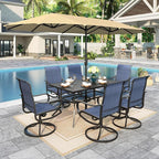 Sophia & William Patio Set with Umbrella 8 Pieces Outdoor Dining Set for 6 with 13ft Large Patio Umbrella Beige, 6 x Blue Swivel Patio Chairs with 59" Dining Table for Lawn Garden