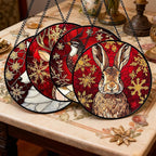 Stained Glass Window Hanging 4 Pcs Set Red Golden Snowflakes Large 15" - Christmas Elk Rabbit Suncatcher Door Garden Sun Catcher Decor Birthday for Mom Woman Nana Men