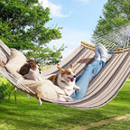 Double Hammock, 11 FT Quilted Fabric 2 Person Hammock for Outside with Pillow, Folding Curved Spreader Bar, Chains, Carrying Bag, Indoor Outdoor, 450 IB Capacity, Havana Brown