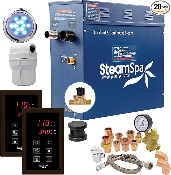 SteamSpa 4.5kW Steam Sauna Generator Executive Bundle 240V Steam Generator with Touch Pad, Steamheads, Pressure Relief Valve, Built-in Auto Drain, LED Light, Filter and Quick Install Kit EXT450OB-A