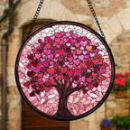 Stained Glass Window Hanging, Pink Love Tree of Life Sun Catchers Colorful Glass Panel Suncatcher Decor for Birthday for Women, Men, Wife, Lovers, and Mom 11.8x11.8 in