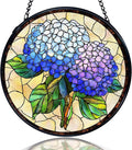 kdqua Hydrangea Flower Suncatcher Stained Glass Window Hanging, Blue Hydrangea Sun Catchers Indoor Window Glass Round Wall Decor, Floral Wall Art Hanging Decorations Statues, 7.9x7.9in