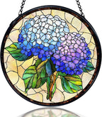 kdqua Hydrangea Flower Suncatcher Stained Glass Window Hanging, Blue Hydrangea Sun Catchers Indoor Window Glass Round Wall Decor, Floral Wall Art Hanging Decorations Statues, 7.9x7.9in