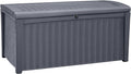 Keter Borneo 110 Gallon Storage Box, All-Weather Wicker Rattan-Style Resin Deck Box and Stylish Outdoor Bench with Piston-Assisted Lockable Lid, Grey