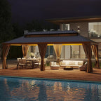 12' X 24' Hardtop Gazebo, Aluminum Wood-Looking Frame Outdoor Permanent Galvanized Steel Double Roof Pavilion Pergola Canopy with Privacy Curtains for Garden, Patio, Backyard, Deck and Lawns.