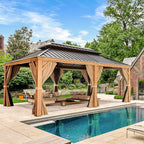 YOLENY 12' x 20' Hardtop Gazebo Wood Grain Pergola with Galvanized Steel Double Roof, Aluminum Frame, Outdoor Patio Gazebo with Netting and Curtains for Deck, Backyard, Patio and Lawns