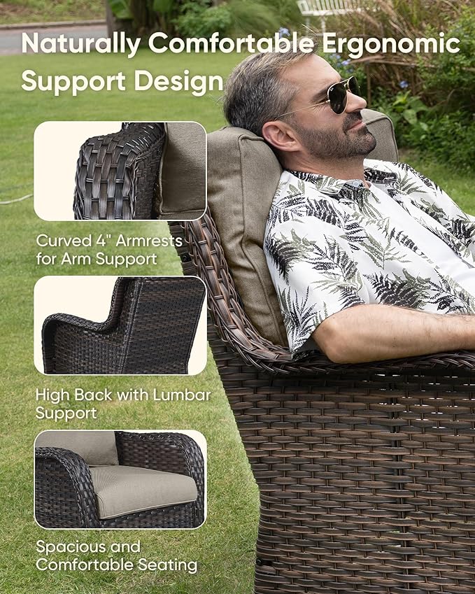 HUMMUH 4-Piece Patio Furniture Set with Fire Pit Table Wicker Outdoor Swivel Rocker Patio Chairs High Back Loveseat Conversation Set for Porch, Backyard, Deck