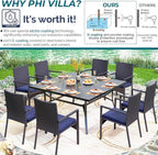 PHI VILLA 9 Pieces Square Outdoor Dining Set for 8, Large Metal Dining Table & Rattan Wicker Chairs with Cushions, Dining Furniture Set for Patio, Deck, Yard, Porch