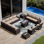 16 Pieces Outdoor Patio Furniture Set Outdoor Furniture Patio Sectional Sofa Conversation Sets w/ETL Approved 45" Gas Outdoor Fire Table & Coffee Table, Swivel Rocking Chair (Brown)