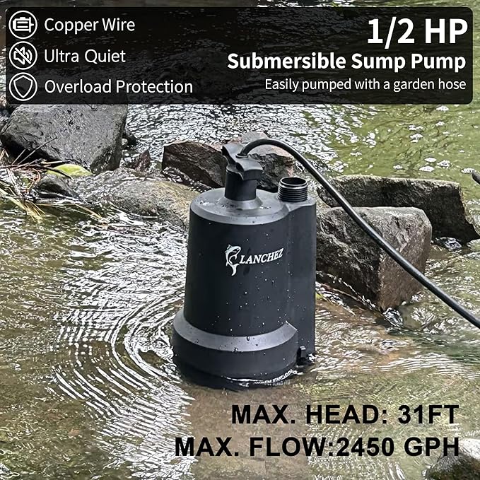 Lanchez Sump Pump, 1/2 HP 2450GPH Submersible Utility Water Pump, Thermoplastic Portable Electric Water Removal Transfer Pump with 10FT Cord for Swimming Pool Basement Garden Pond Tubs Draining