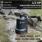 Lanchez Sump Pump, 1/2 HP 2450GPH Submersible Utility Water Pump, Thermoplastic Portable Electric Water Removal Transfer Pump with 10FT Cord for Swimming Pool Basement Garden Pond Tubs Draining
