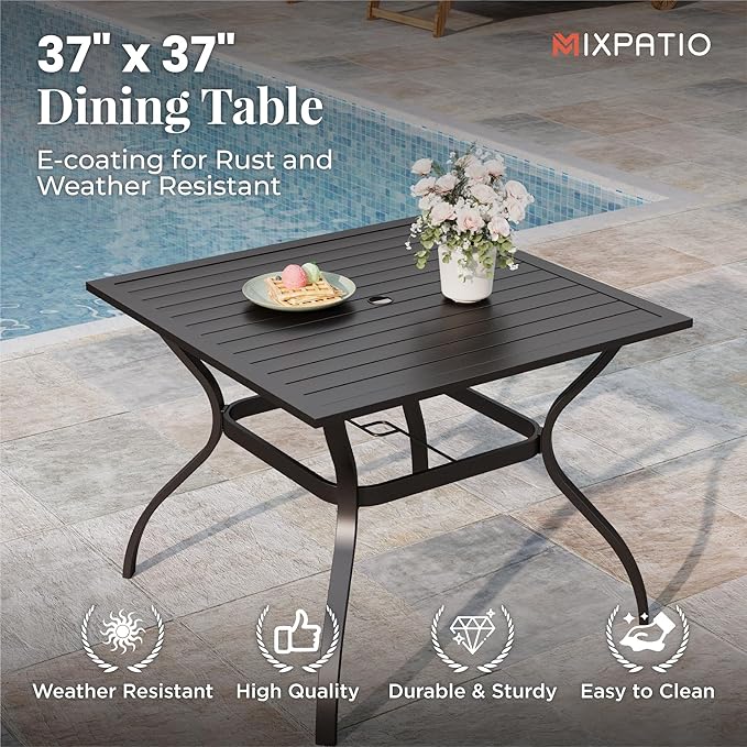 5 Pieces Patio Table and Chairs Set, 4 Person Outdoor Dining Furniture Set, 4 Brown Textilene Chairs and 37" Square Metal Table with Umbrella Hole, for Deck Backyard Lawn