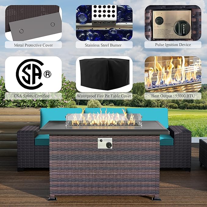 Outdoor Patio Furniture Set with Propane Fire Pit Table, 13 Pieces Outdoor Furniture Patio Sectional Sofa Conversation Sets w/ETL Approved 43" Gas Outdoor Fire Table & Coffee Table Blue.