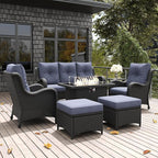 LayinSun 7 Pieces Outdoor Patio Furniture Set with Fire Pit Table, Rattan Wicker Sectional Chairs Sets with Ottomans, Single Chairs and Coffee Table