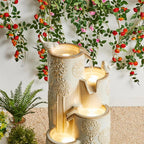 Glitzhome 31.75" H Outdoor Water Fountain with LED Lights and Pump, 4 Tier Dandelion Texture Vase Shaped Ceramic Floor Standing Fountain with Birds for Porch Deck Garden Patio Backyard, Sand Beige
