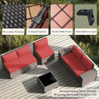 Outdoor Patio Furniture Set with Propane Fire Pit Table, 7 Pieces Outdoor Furniture Patio Sectional Sofa Conversation Sets w/ETL Approved 43" Gas Outdoor Fire Table & Coffee Table RED.