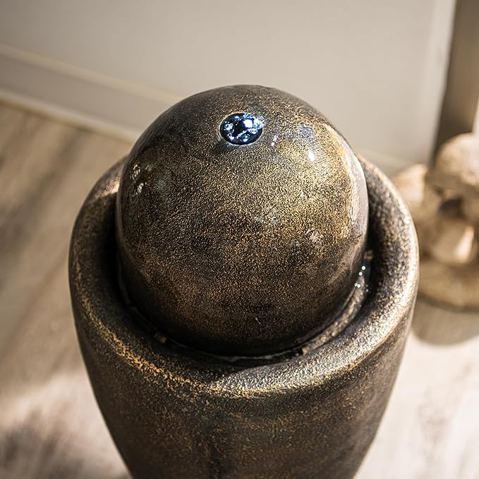 XBrand 25.98" H Brown Round Stone Indoor/Outdoor Modern Sphere Water Fountain w/LED Lights – Ball Bubbling Fountain Décor for Garden, Patio, or Tabletop