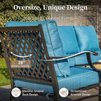 4 Piece Metal Outdoor Patio Furniture Set, Patio Conversation Set 1 3-seater Sofa, 2 Fixed Chair with 5.75" Extra Thick Cushion and Coffee Table, Black Frame Backyard Furniture, Blue-2