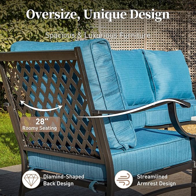 6 Piece Metal Outdoor Patio Furniture Set, Patio Conversation Set 3-Seater Sofa, 2 Rocking Chair, 2 Leg Chair with 5.75" Thick Cushion and Coffee Table, Backyard Furniture Set, Blue-2