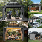 SUNJOY Kingston 12' x 10' Hardtop Gazebo with Galvanized Steel/Polycarbonate Double Roof, Curtain and Netting, Gray Aluminum Posts Permanent Pavilion Gazebo for Garden, Patio, Deck, Lawn