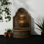 Glitzhome Outdoor Wall Mounted Water Fountain with LED Lights and Pump, Oversized Antique European Style 3-Tier Polyresin Cascading Floor-Standing Fountain for Porch Deck Patio Backyard, 37.25" H