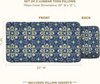 Honeycomb Outdoor Lumbar Toss Pillow Set, 22" W x 12" L, Medina Medallion Blue Lumbar Outdoor Pillows