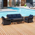 4 Pieces Outdoor Conversation Furniture Set - 77" Patio Sofa, 2 Wicker Armchairs, 1 Metal Coffee Table, Patio Wicker Furniture Set with Water-Resistant Cushions for Sunroom (Navy Blue)
