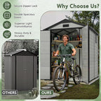 6×6FT Plastic Outdoor Storage Shed, Double Door Tool Shed with Transparent Roof and Vent, Lockable Door with Key, Storing Patio Furniture, Gardening Tools, and Bicycle Accessories.